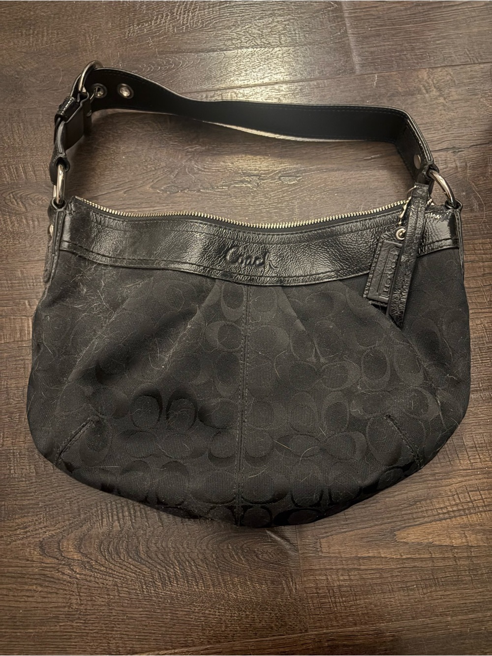 Coach Black Signature Canvas Shoulder Bag with Leather Trim
